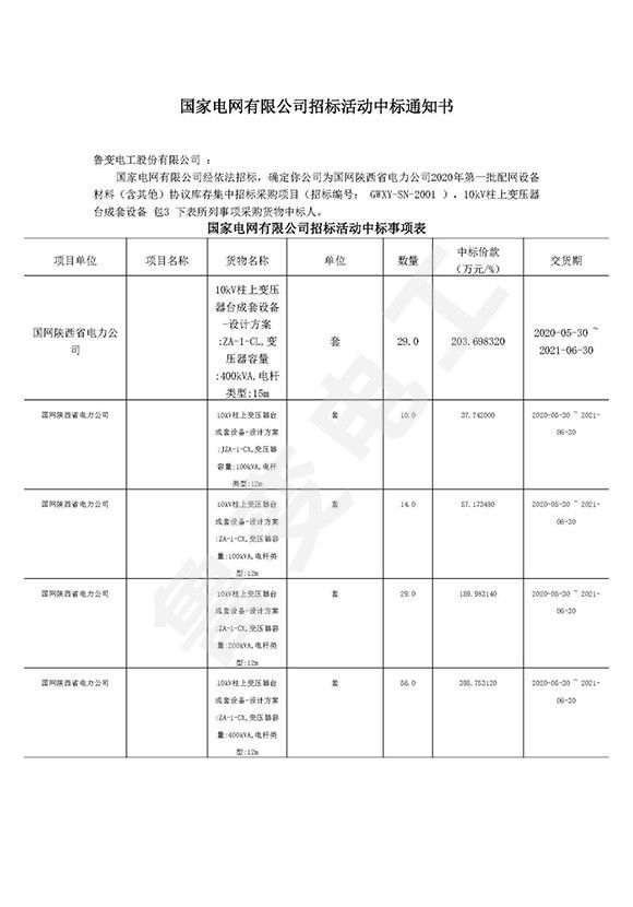 國網(wǎng)陜西省電力有限公司中標通知書